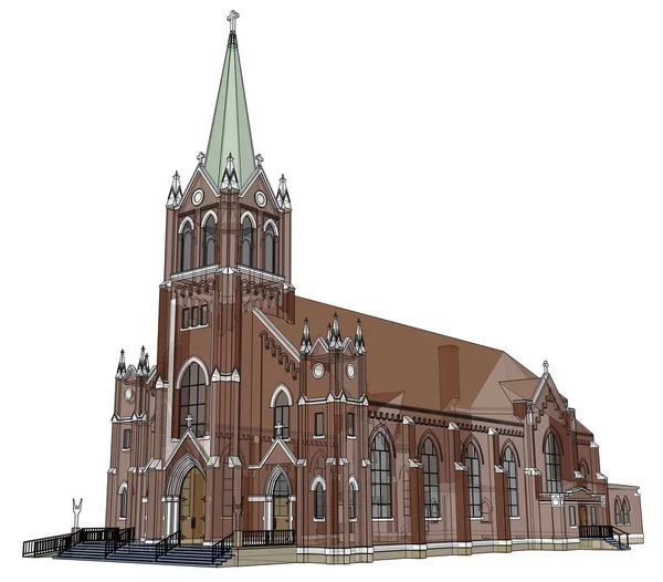 Het gebouw van de katholieke kerk, uitzicht vanuit verschillende kanten. Drie-dimensionale afbeelding op een witte achtergrond. 3D-rendering. — Stockfoto