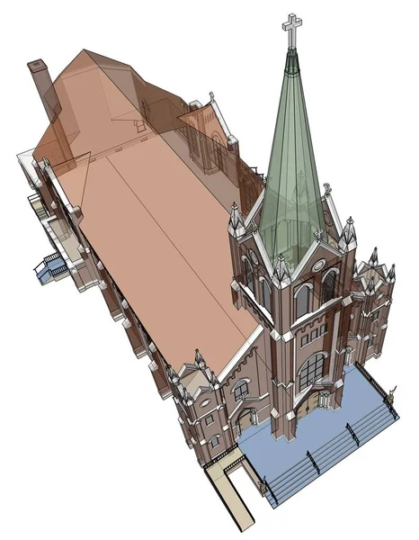 La construction de l'église catholique, vues de différents côtés. Illustration en trois dimensions sur fond blanc. Rendu 3d . — Photo