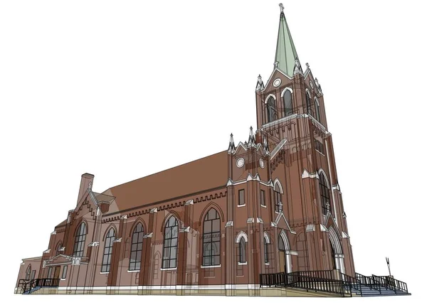 Budova katolické církve, pohledy z různých stran. Trojrozměrný obrázek na bílém pozadí. 3D vykreslování. — Stock fotografie