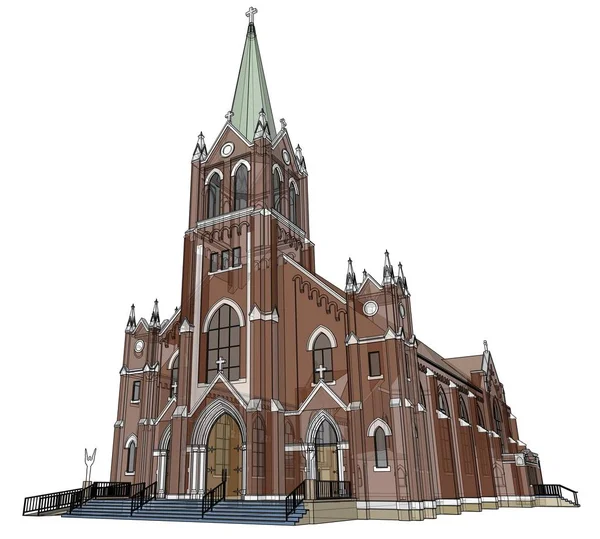 El edificio de la iglesia católica, vistas desde diferentes lados. Ilustración tridimensional sobre fondo blanco. renderizado 3d . — Foto de Stock