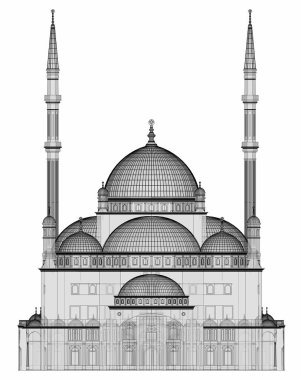Büyük Müslüman bir cami, bir üç boyutlu raster illüstrasyon inşaat ayrıntılarını vurgulayarak dağılımı satırlarla. Bina şeffaf duvarlar vardır. 3D render.