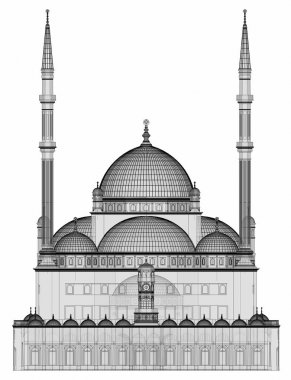 Büyük Müslüman bir cami, bir üç boyutlu raster illüstrasyon inşaat ayrıntılarını vurgulayarak dağılımı satırlarla. Bina şeffaf duvarlar vardır. 3D render.