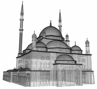 Büyük Müslüman bir cami, bir üç boyutlu raster illüstrasyon inşaat ayrıntılarını vurgulayarak dağılımı satırlarla. Bina şeffaf duvarlar vardır. 3D render.