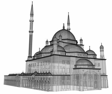 Büyük Müslüman bir cami, bir üç boyutlu raster illüstrasyon inşaat ayrıntılarını vurgulayarak dağılımı satırlarla. Bina şeffaf duvarlar vardır. 3D render.
