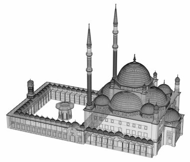 Büyük Müslüman bir cami, bir üç boyutlu raster illüstrasyon inşaat ayrıntılarını vurgulayarak dağılımı satırlarla. Bina şeffaf duvarlar vardır. 3D render.