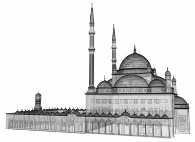 Büyük Müslüman bir cami, bir üç boyutlu raster illüstrasyon inşaat ayrıntılarını vurgulayarak dağılımı satırlarla. Bina şeffaf duvarlar vardır. 3D render.