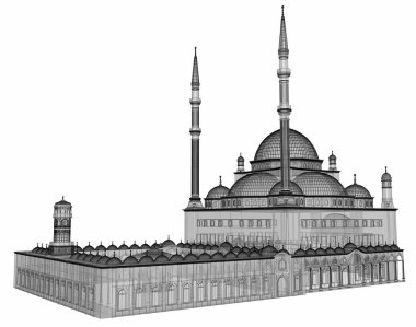 Büyük Müslüman bir cami, bir üç boyutlu raster illüstrasyon inşaat ayrıntılarını vurgulayarak dağılımı satırlarla. Bina şeffaf duvarlar vardır. 3D render.