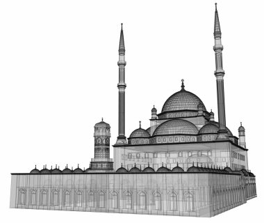 Büyük Müslüman bir cami, bir üç boyutlu raster illüstrasyon inşaat ayrıntılarını vurgulayarak dağılımı satırlarla. Bina şeffaf duvarlar vardır. 3D render.