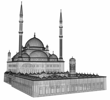 Büyük Müslüman bir cami, bir üç boyutlu raster illüstrasyon inşaat ayrıntılarını vurgulayarak dağılımı satırlarla. Bina şeffaf duvarlar vardır. 3D render.