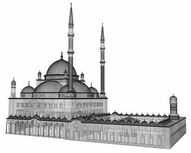 Büyük Müslüman bir cami, bir üç boyutlu raster illüstrasyon inşaat ayrıntılarını vurgulayarak dağılımı satırlarla. Bina şeffaf duvarlar vardır. 3D render.