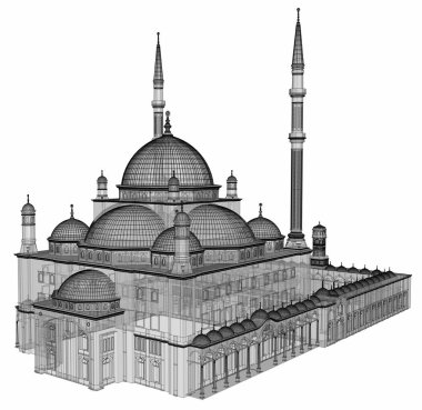 Büyük Müslüman bir cami, bir üç boyutlu raster illüstrasyon inşaat ayrıntılarını vurgulayarak dağılımı satırlarla. Bina şeffaf duvarlar vardır. 3D render.