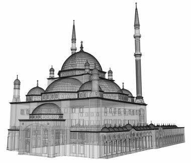 Büyük Müslüman bir cami, bir üç boyutlu raster illüstrasyon inşaat ayrıntılarını vurgulayarak dağılımı satırlarla. Bina şeffaf duvarlar vardır. 3D render.
