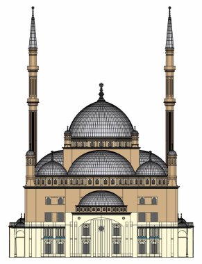 Büyük Müslüman bir cami, bir üç boyutlu raster illüstrasyon inşaat ayrıntılarını vurgulayarak dağılımı satırlarla. 3D render.