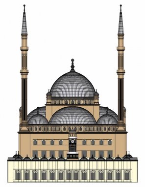 Büyük Müslüman bir cami, bir üç boyutlu raster illüstrasyon inşaat ayrıntılarını vurgulayarak dağılımı satırlarla. 3D render.