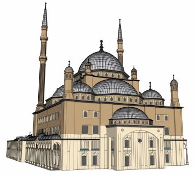 Büyük Müslüman bir cami, bir üç boyutlu raster illüstrasyon inşaat ayrıntılarını vurgulayarak dağılımı satırlarla. 3D render.