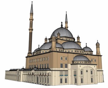 Büyük Müslüman bir cami, bir üç boyutlu raster illüstrasyon inşaat ayrıntılarını vurgulayarak dağılımı satırlarla. 3D render.