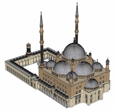 Büyük Müslüman bir cami, bir üç boyutlu raster illüstrasyon inşaat ayrıntılarını vurgulayarak dağılımı satırlarla. 3D render.