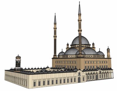 Büyük Müslüman bir cami, bir üç boyutlu raster illüstrasyon inşaat ayrıntılarını vurgulayarak dağılımı satırlarla. 3D render.