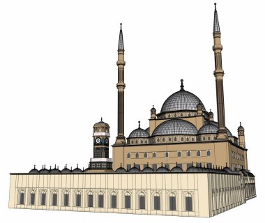 Büyük Müslüman bir cami, bir üç boyutlu raster illüstrasyon inşaat ayrıntılarını vurgulayarak dağılımı satırlarla. 3D render.