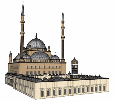 Büyük Müslüman bir cami, bir üç boyutlu raster illüstrasyon inşaat ayrıntılarını vurgulayarak dağılımı satırlarla. 3D render.