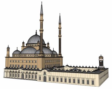 Büyük Müslüman bir cami, bir üç boyutlu raster illüstrasyon inşaat ayrıntılarını vurgulayarak dağılımı satırlarla. 3D render.