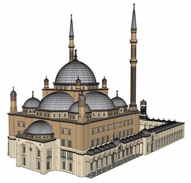 Büyük Müslüman bir cami, bir üç boyutlu raster illüstrasyon inşaat ayrıntılarını vurgulayarak dağılımı satırlarla. 3D render.
