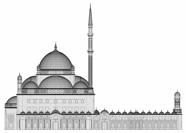 Egy nagy muszlim mecset, egy háromdimenziós raszteres illusztráció szintvonalak, kiemelve a szerkezeti részletek. Az épület már átlátszó fal. 3D-leképezés. — Stock Fotó