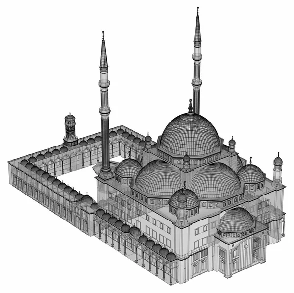 Una gran mezquita musulmana, una ilustración de trama tridimensional con líneas de contorno que resaltan los detalles de la construcción. El edificio tiene paredes transparentes. renderizado 3d . —  Fotos de Stock