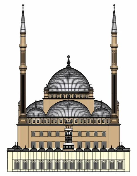 Büyük Müslüman bir cami, bir üç boyutlu raster illüstrasyon inşaat ayrıntılarını vurgulayarak dağılımı satırlarla. 3D render. — Stok fotoğraf