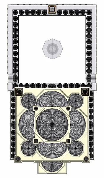 Egy nagy muszlim mecset, egy háromdimenziós raszteres illusztráció szintvonalak, kiemelve a szerkezeti részletek. 3D-leképezés. — Stock Fotó