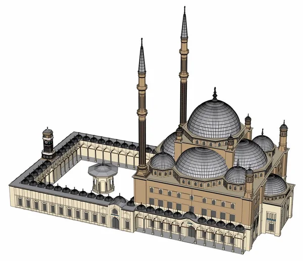Büyük Müslüman bir cami, bir üç boyutlu raster illüstrasyon inşaat ayrıntılarını vurgulayarak dağılımı satırlarla. 3D render.