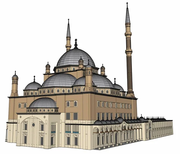 Büyük Müslüman bir cami, bir üç boyutlu raster illüstrasyon inşaat ayrıntılarını vurgulayarak dağılımı satırlarla. 3D render.