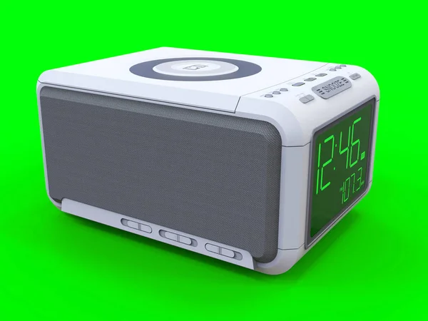 Reloj despertador de radio sobre fondo verde. renderizado 3d . — Foto de Stock