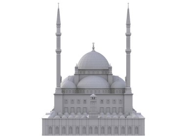 Büyük Müslüman bir cami, bir üç boyutlu raster illüstrasyon inşaat ayrıntılarını vurgulayarak dağılımı satırlarla. 3D render.