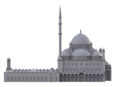 Büyük Müslüman bir cami, bir üç boyutlu raster illüstrasyon inşaat ayrıntılarını vurgulayarak dağılımı satırlarla. 3D render.