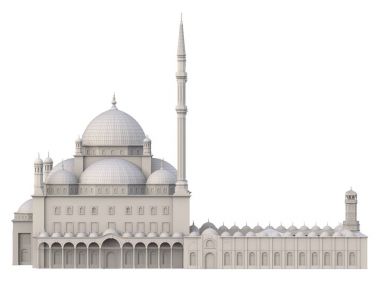 Büyük Müslüman bir cami, bir üç boyutlu raster illüstrasyon inşaat ayrıntılarını vurgulayarak dağılımı satırlarla. 3D render.