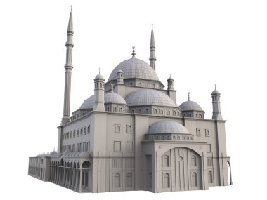 Büyük Müslüman bir cami, bir üç boyutlu raster illüstrasyon inşaat ayrıntılarını vurgulayarak dağılımı satırlarla. 3D render.