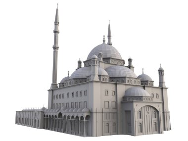 Büyük Müslüman bir cami, bir üç boyutlu raster illüstrasyon inşaat ayrıntılarını vurgulayarak dağılımı satırlarla. 3D render.