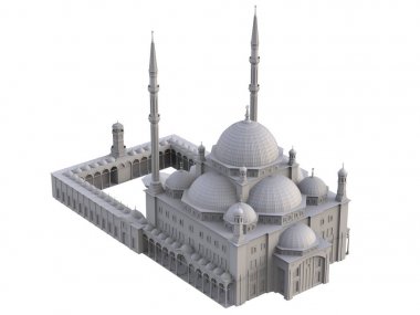Büyük Müslüman bir cami, bir üç boyutlu raster illüstrasyon inşaat ayrıntılarını vurgulayarak dağılımı satırlarla. 3D render.