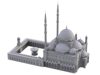 Büyük Müslüman bir cami, bir üç boyutlu raster illüstrasyon inşaat ayrıntılarını vurgulayarak dağılımı satırlarla. 3D render.