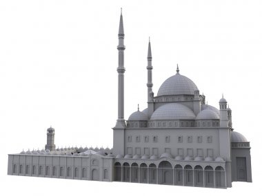 Büyük Müslüman bir cami, bir üç boyutlu raster illüstrasyon inşaat ayrıntılarını vurgulayarak dağılımı satırlarla. 3D render.