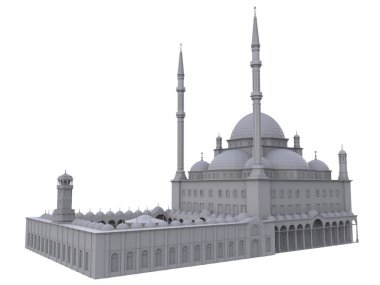 Büyük Müslüman bir cami, bir üç boyutlu raster illüstrasyon inşaat ayrıntılarını vurgulayarak dağılımı satırlarla. 3D render.