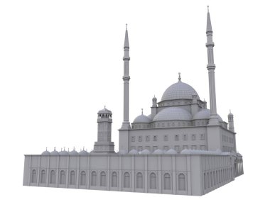Büyük Müslüman bir cami, bir üç boyutlu raster illüstrasyon inşaat ayrıntılarını vurgulayarak dağılımı satırlarla. 3D render.