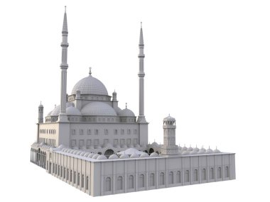 Büyük Müslüman bir cami, bir üç boyutlu raster illüstrasyon inşaat ayrıntılarını vurgulayarak dağılımı satırlarla. 3D render.