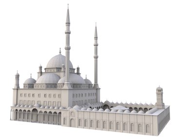 Büyük Müslüman bir cami, bir üç boyutlu raster illüstrasyon inşaat ayrıntılarını vurgulayarak dağılımı satırlarla. 3D render.