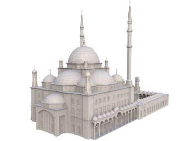 Büyük Müslüman bir cami, bir üç boyutlu raster illüstrasyon inşaat ayrıntılarını vurgulayarak dağılımı satırlarla. 3D render.