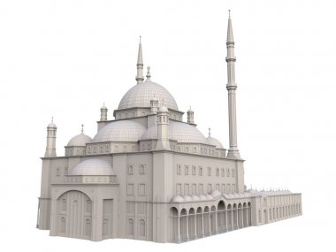Büyük Müslüman bir cami, bir üç boyutlu raster illüstrasyon inşaat ayrıntılarını vurgulayarak dağılımı satırlarla. 3D render.