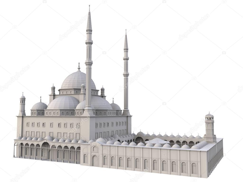 A large Muslim mosque, a three-dimensional raster illustration with contour lines highlighting the details of construction. 3d rendering.