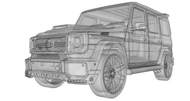 Raster araba Mercedes-Benz G-sınıfı üç boyutlu Illustration. Studio Brabus arttırılmış güç ve agresif spor tasarım ile arabadan sürümünü ayarlama. 3D render.