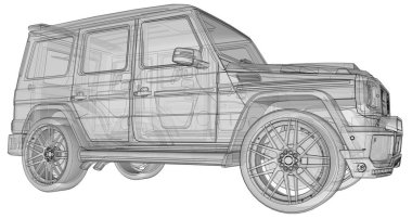 Raster araba Mercedes-Benz G-sınıfı üç boyutlu Illustration. Studio Brabus arttırılmış güç ve agresif spor tasarım ile arabadan sürümünü ayarlama. 3D render.